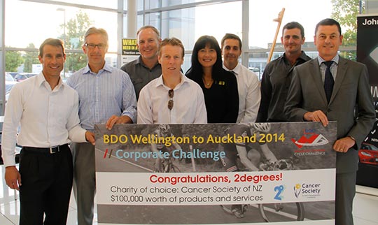 Cancer Society receive their prize from Corporate Challenge winning 2degrees riders